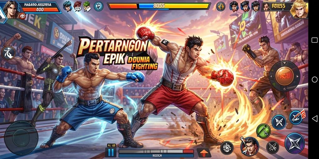 Tampilan gameplay 8055 dengan pertarungan yang mendebarkan dan karakter unik.