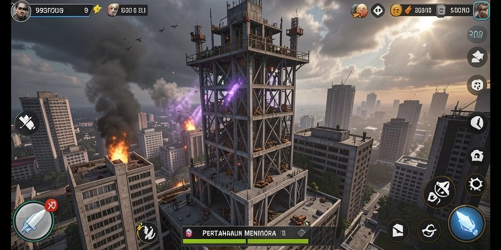 Screenshot gameplay dari 9939 menunjukkan pertahanan menara yang strategis.