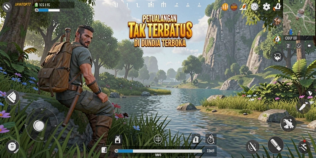 Screenshot gameplay JAYATOP77 yang menampilkan dunia terbuka yang luas.