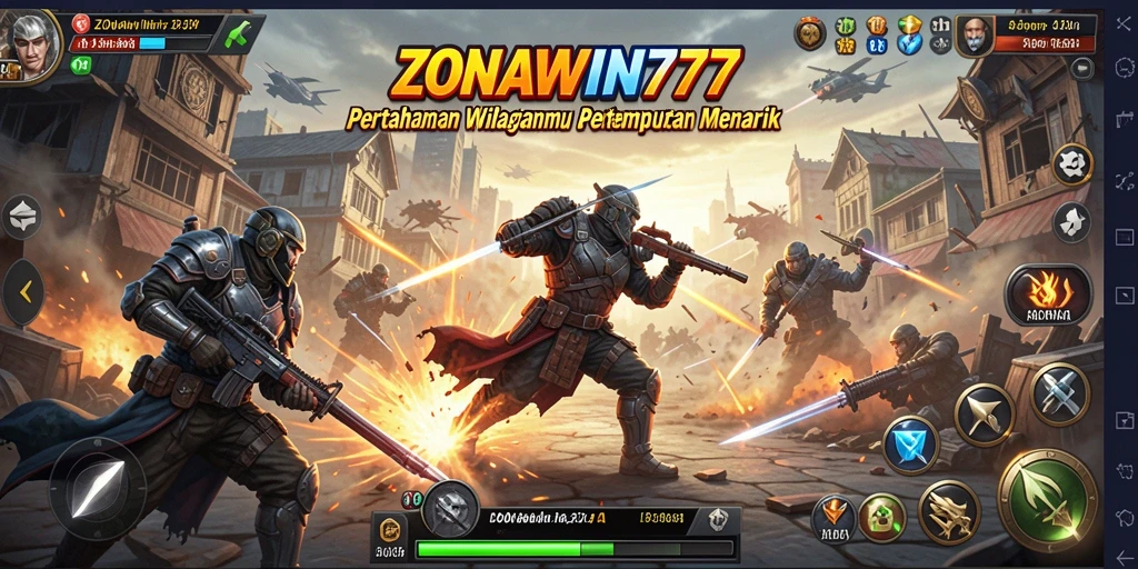 Tampilan gameplay seru ZONAWIN777 dengan berbagai menara berwarna-warni.